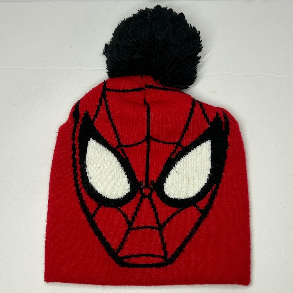 Marvel Ultimate Spider-Man Beanie Hat Red Black Knit Pom Pom OSFM